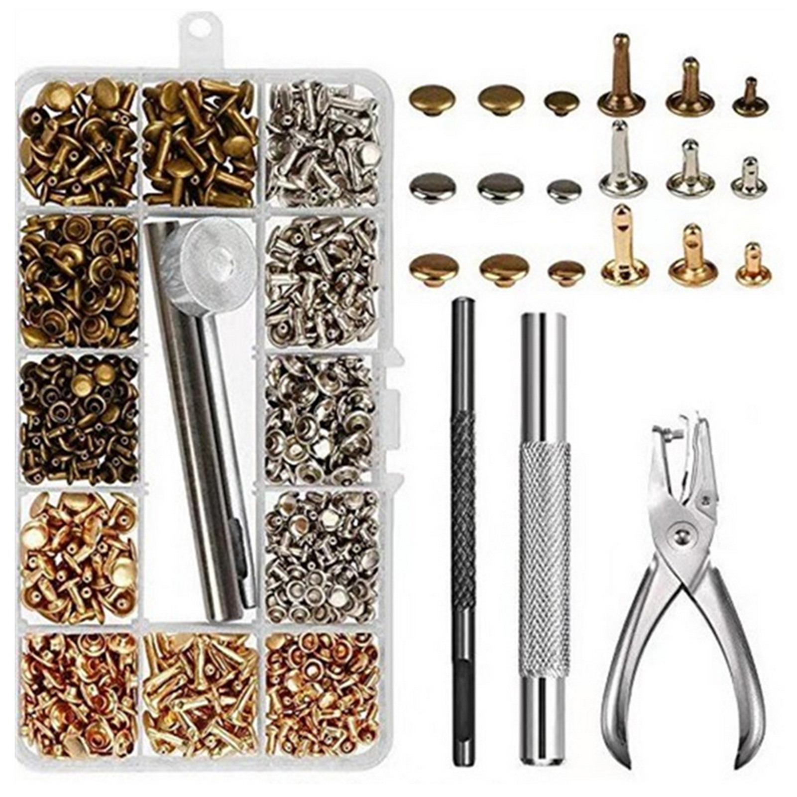 300 Sets Leather Rivets Double Cap Rivet Tubular Metal Studs With Punch  Pliers Fixing Set Tools For Diy Leather Craft